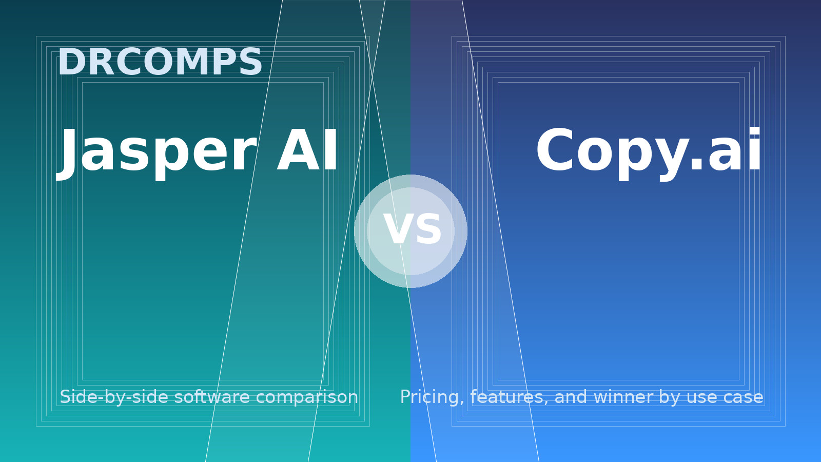 Jasper AI vs Copy.ai comparison infographic on pricing, features, and use case advantages.